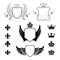 Set of winged shields - coat of arms - heraldic design elements, fleur de lis and royal crowns