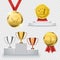 Set of winner trophy. Prize template. Medal and podium. Vector