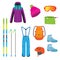 Set of winter accessories for extreme ski sport. Boots, skis, camera, helmet, pants, glasses, backpack