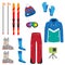 Set of winter accessories for extreme ski sport. Boots, skis, camera, helmet, pants, glasses, backpack