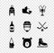 Set Winter hat, Canada map, Lobster, Wooden log, Bear head, Skates, Beer bottle and Hockey helmet icon. Vector