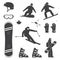Set of winter sports equipment, skier and snowboarders silhouettes.