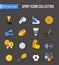 Set of winter and summer sport isolated icons. Hockey-stick, baseball, volleyball, badminton, rugby. Flat style design.