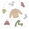 Set of winter vector illustrations. Scandinavian colors. Cozy sweater, hat, scarf, sock, mitten, ice skate, snow f