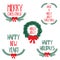 Set of winter wreaths with bow and hand drawn lettering text Merry Christmas and Happy New Year. Vector illustration