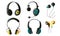 Set of wireless and corded music headphones in different colors and shapes. Vector illustration in flat cartoon style.