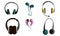 Set of wireless and corded music headphones in different colors and shapes. Vector illustration in flat cartoon style.