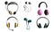 Set of wireless and corded music headphones in different colors and shapes. Vector illustration in flat cartoon style.
