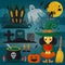 Set of witch, cat, zombie, pumpkin and other different spooky decorations and elements for Halloween. Vector horror card