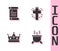 Set Witch cauldron, Decree, parchment, scroll, King crown and Christian cross icon. Vector