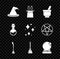 Set Witch hat, Magician and rabbit ears, mortar pestle, Witches broom, ball, Bottle with love potion and Sparkle stars