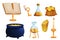 Set Witchcraft tools Magic Bottles with liquid potion, old book, gold keys, caldron and bag with treasure in cartoon