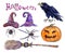 Set of witchs hats, pumpkin, spiders, crow, broom Halloween