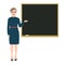 Set of woman in dark blue dress giving a lecture or presentation. Standing in front of blackboard. Fashion modern