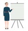 Set of woman in dark blue dress giving a lecture or presentation. Standing in front of whiteboard. Fashion modern