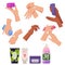 Set of woman hands apply cream, tubes and bottles flat style