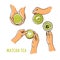Set of woman hands holding cup green matcha white background. Top view, flat lay. Dairy free food concept