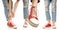 Set woman legs feet jeans red sneakers, side view