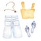 Set of woman's summer clothes watercolor illustration isolated on white. Woman's stylish outfit of top, jeans