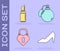 Set Woman shoe, Lipstick, Castle in the shape of a heart and Perfume icon. Vector