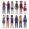 Set of women dressed in trendy casual clothes. Flat cartoon vector