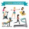 Set of women engaged in exercise in the gym. Vector flat cartoon