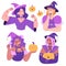 Set of women in Halloween costumes. Collection of smiling witches in different poses with pumpkins in the background