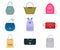 A set of women`s bags, a fashionable bag with assortment color : handbag, back pack, tote bag, bucket. Trendy of different types