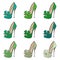 Set of women`s fashionable green high-heeled shoes with a bow. The design is suitable for icons