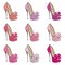 Set of women`s fashionable pink high-heeled shoes with a bow. The design is suitable for icons
