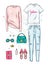 Set of women`s stylish odezhy. Beautiful pants, sweater, T-shirt, shoes and bag. Fashionable clothes and accessories.