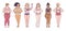 Set of women standing in underwear clamping fat folds on bodies cartoon style