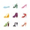 Set of women summer shoes and sandals icons, flat vector illustration isolated.