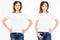 Set women t shirt isolated on white background, back and front views girls in white tshirt