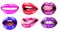 Set of womens lips with glossy lipsticks. Colored lip, lipstick or lipgloss, sexy. Bright female lips collection