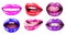 Set of womens lips with glossy lipsticks. Multicolored lip, tongue sexy. Colored lip, lipstick or lipgloss, sexy