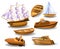 Set of wood boats and ships