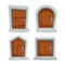 Set wood doors with stone decoration, arch in cartoon style isolated on white background. Fairy, mystery closed entrance,