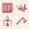 Set Wooden axe, Calendar, Swiss army knife and Campfire and pot icon. Vector