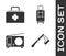 Set Wooden axe, First aid kit, Radio with antenna and Suitcase icon. Vector