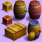 Set of wooden barrels and boxes.