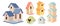 Set of Wooden Bird Houses, Two-storied and Three-story Wood Colorful Birdhouses, Home or Nest with Slope Roof and Fence