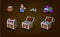 Set of wooden chests with silver coins and gems for the game UI. Bag with coins. Bottle with potion. Isolated vector cartoon