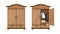 Set of wooden cupboards in cartoon style. Vector illustration of closed and open wardrobe with clothes hangers and shoes for home