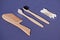 Set of wooden hairbrush, toothbrush and cotton buds from bamboo