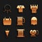 Set Wooden mug, Decree, parchment, scroll, Cup from the skull, Executioner mask, Medieval flag, Body armor, Castle tower