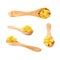 Set of wooden spoon filled with dry ditalini pasta over isolated white background