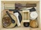 Set of wooden tableware in wooden box