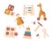 Set of Wooden Toys Cube Blocks, Doll, Soroban and Wheeled Giraffe, Sorter, Pyramid and Carpentry Instruments