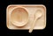 Set of wooden tray, bowl and spoon isolated on black background. Top view